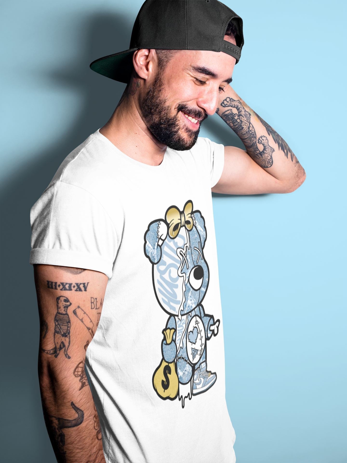 Stitched Hustle Bear Unisex Tops - Air Jordan 1 Denim