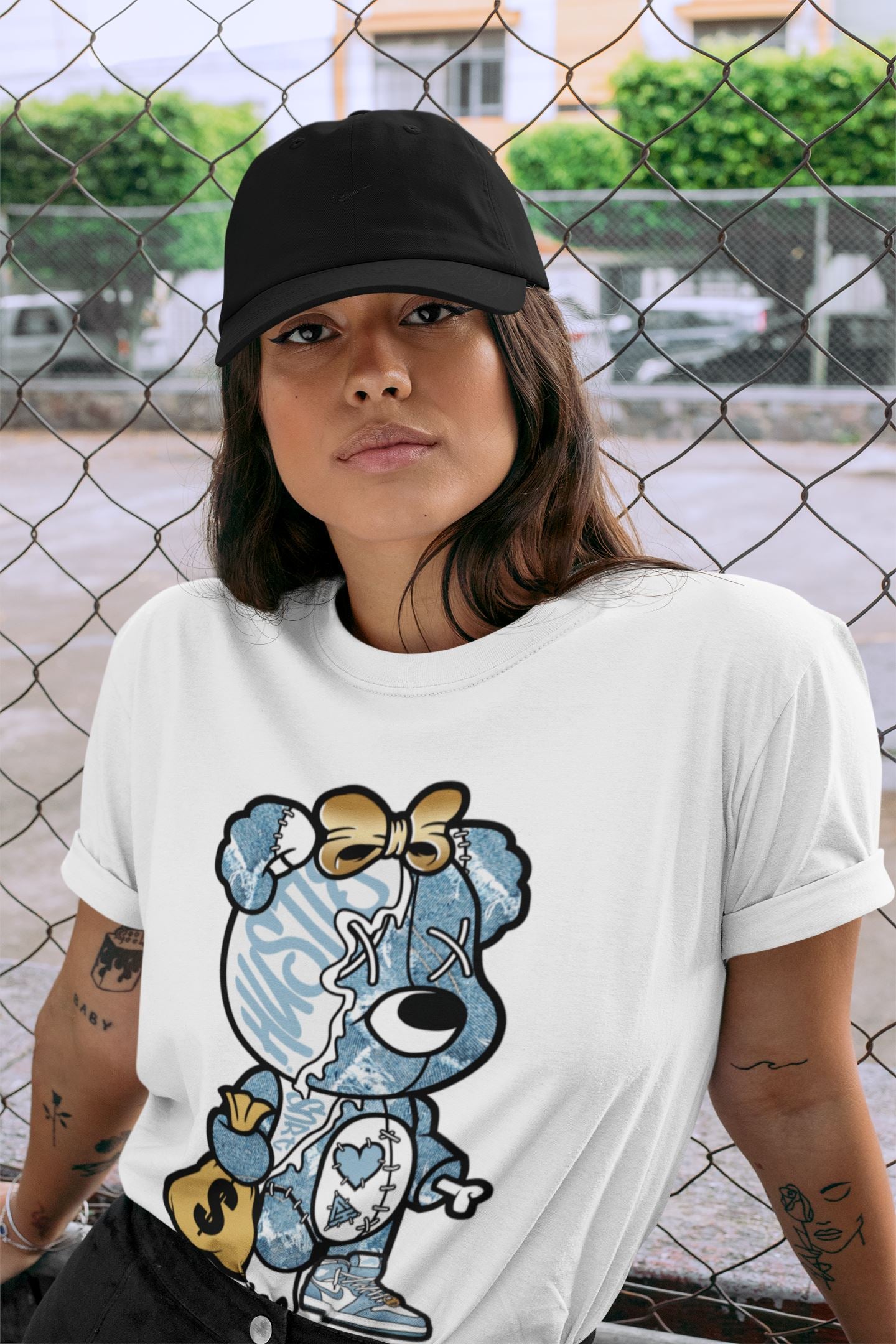 Stitched Hustle Bear Unisex Tops - Air Jordan 1 Denim
