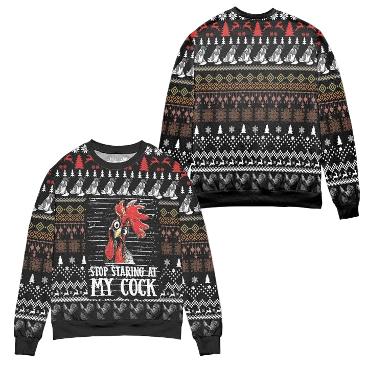 Stop Staring At My Cock Pine Tree Pattern Ugly Christmas Sweater ? Black ? Usalast