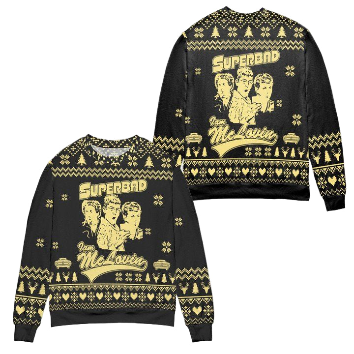 Superbad I Am McLovin Pine Tree Snowflake Pattern Ugly Christmas Sweater ? Black ? Usalast