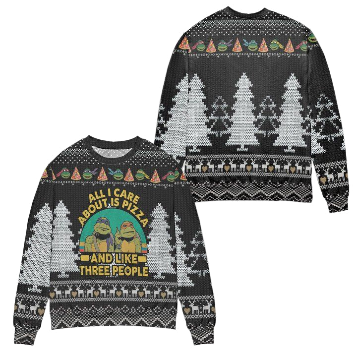 Teenage Mutant Ninja Turtles All I Care About Is Pizza Pine Tree Ugly Christmas Sweater ? Black ? Usalast