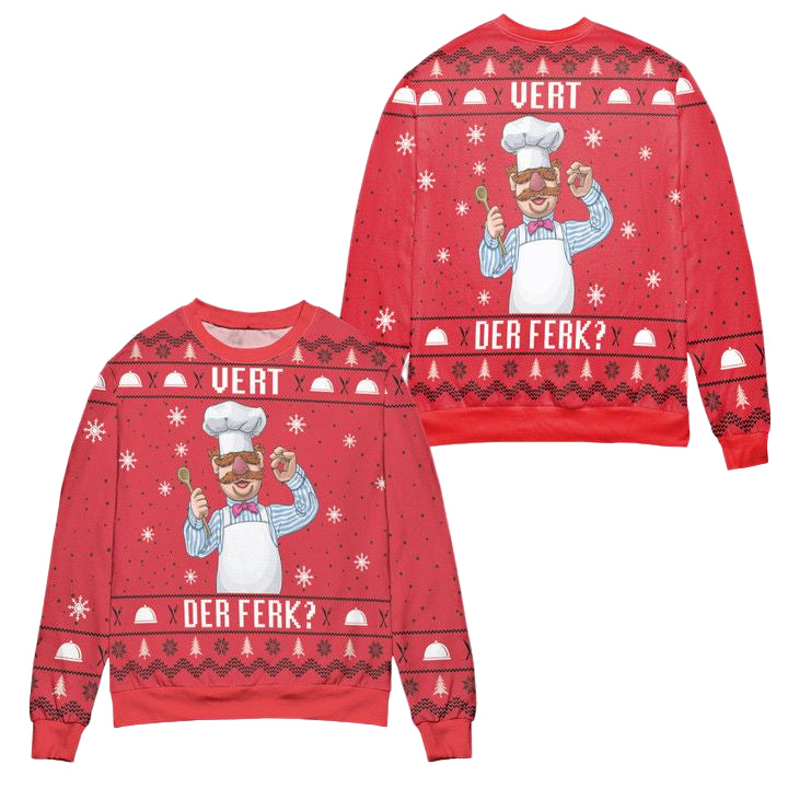 The Swedish Chef Vert Der Ferk The Muppet Show Snowflake Pattern Ugly Christmas Sweater ? Red ? Usalast