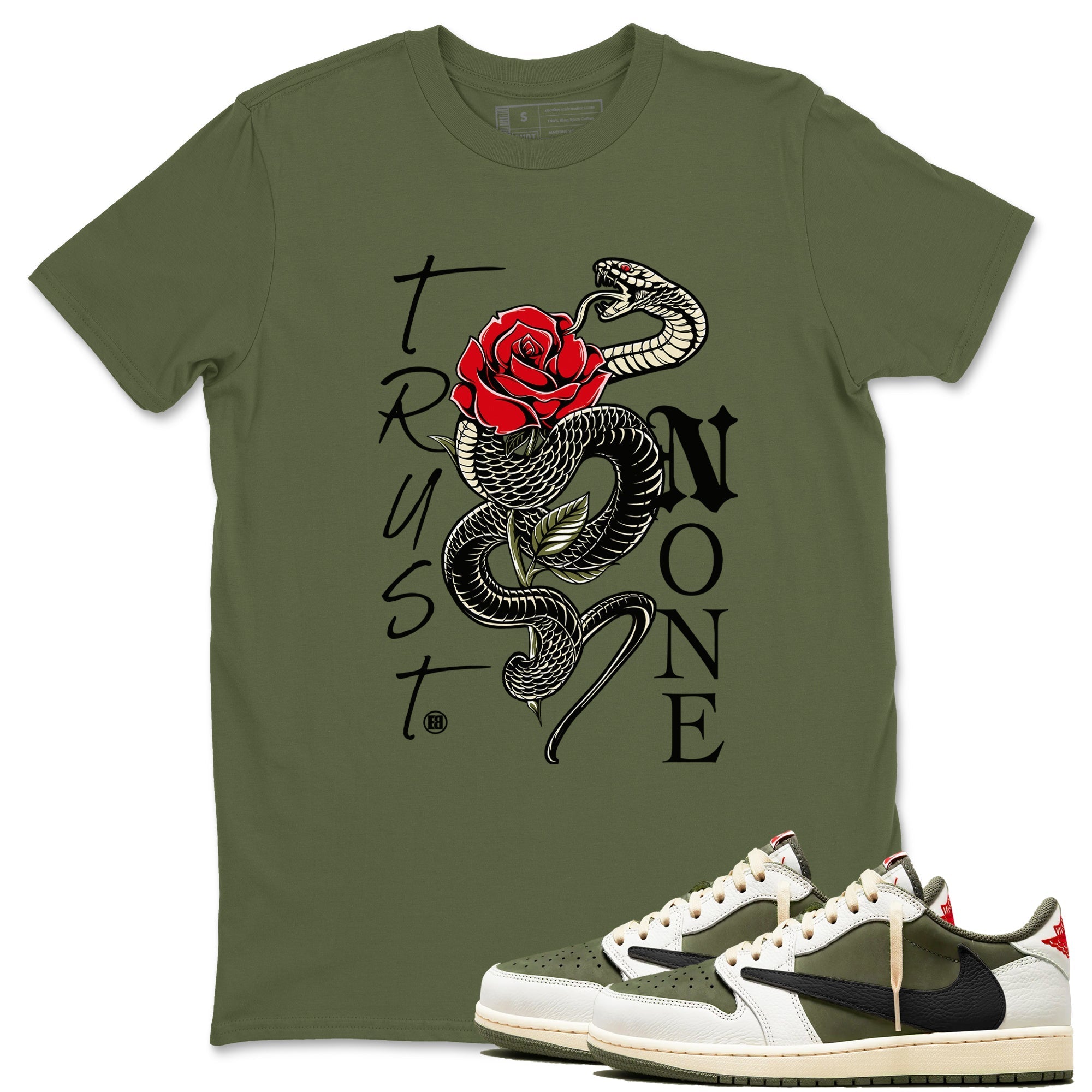 Trust None Sneaker Tees - Air Jordan 1 Travis Scott Medium Olive