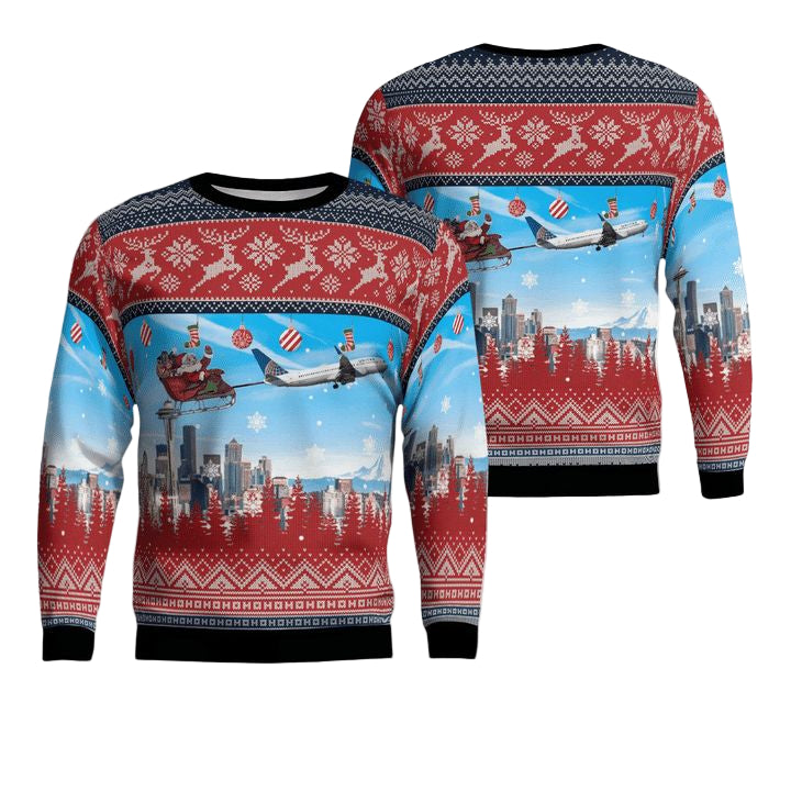 United Airlines Boeing 737-824 With Santa Over Seattle Christmas AOP Sweater ? Usalast