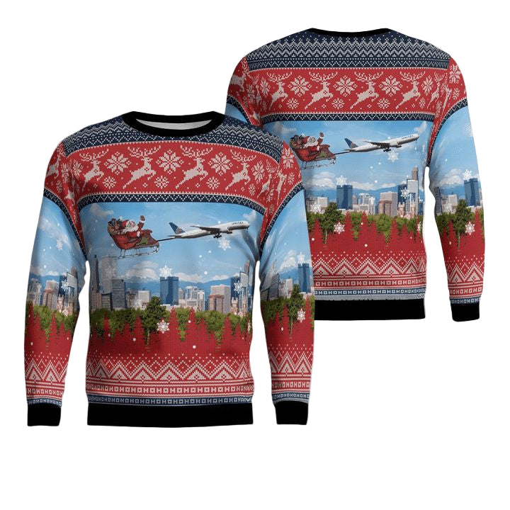 United Airlines Boeing 777-322ER With Santa over Denver Christmas AOP Sweater ? Usalast