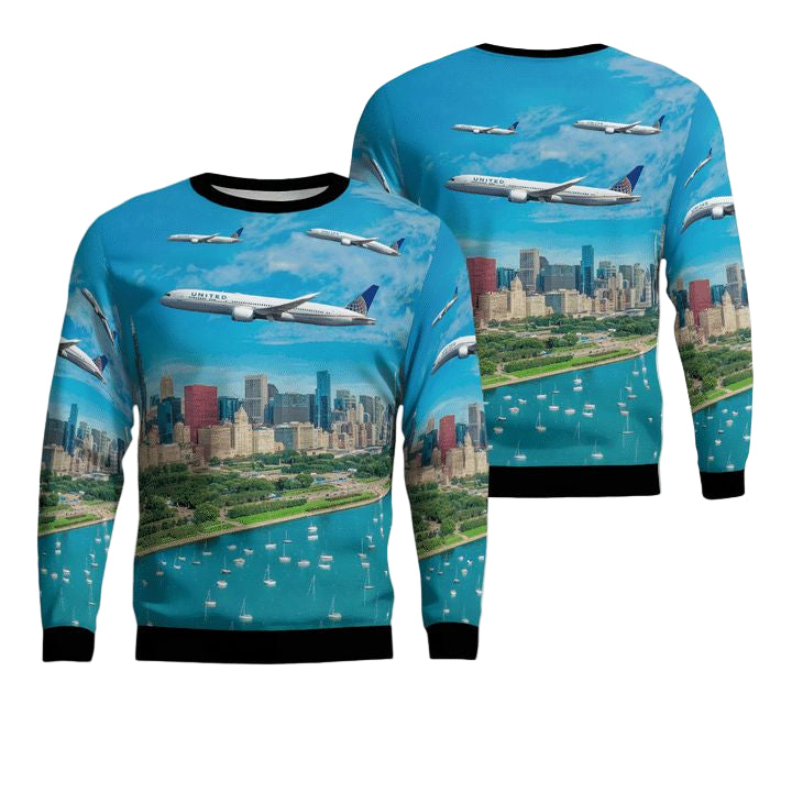 United Airlines Boeing 787-9 Dreamliner Merry Christmas 2021 Over Chicago Christmas Sweater 3D ? Usalast