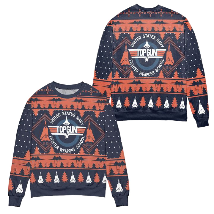 United States Navy Top Gun Pine Tree Pattern Ugly Christmas Sweater ? Orange Navy ? Usalast