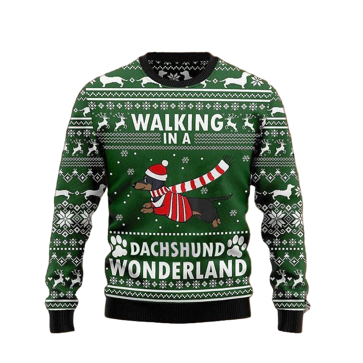 Walking In A Dachshund Wonderland Sweater Green Ugly Christmas Sweater Weiner Dog Gifts ? Usalast