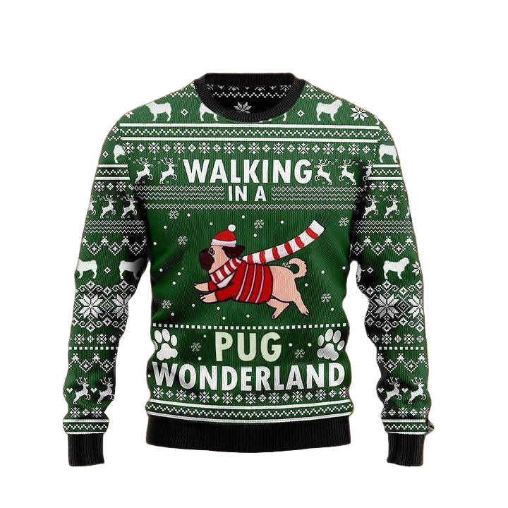 Walking In A Pug Wonderland Graphic Crewneck Sweater Green Ugly Christmas Tee For Men Women ? Usalast