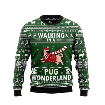 Walking In A Pug Wonderland Graphic Crewneck Sweater Green Ugly Christmas Tee For Men Women ? Usalast